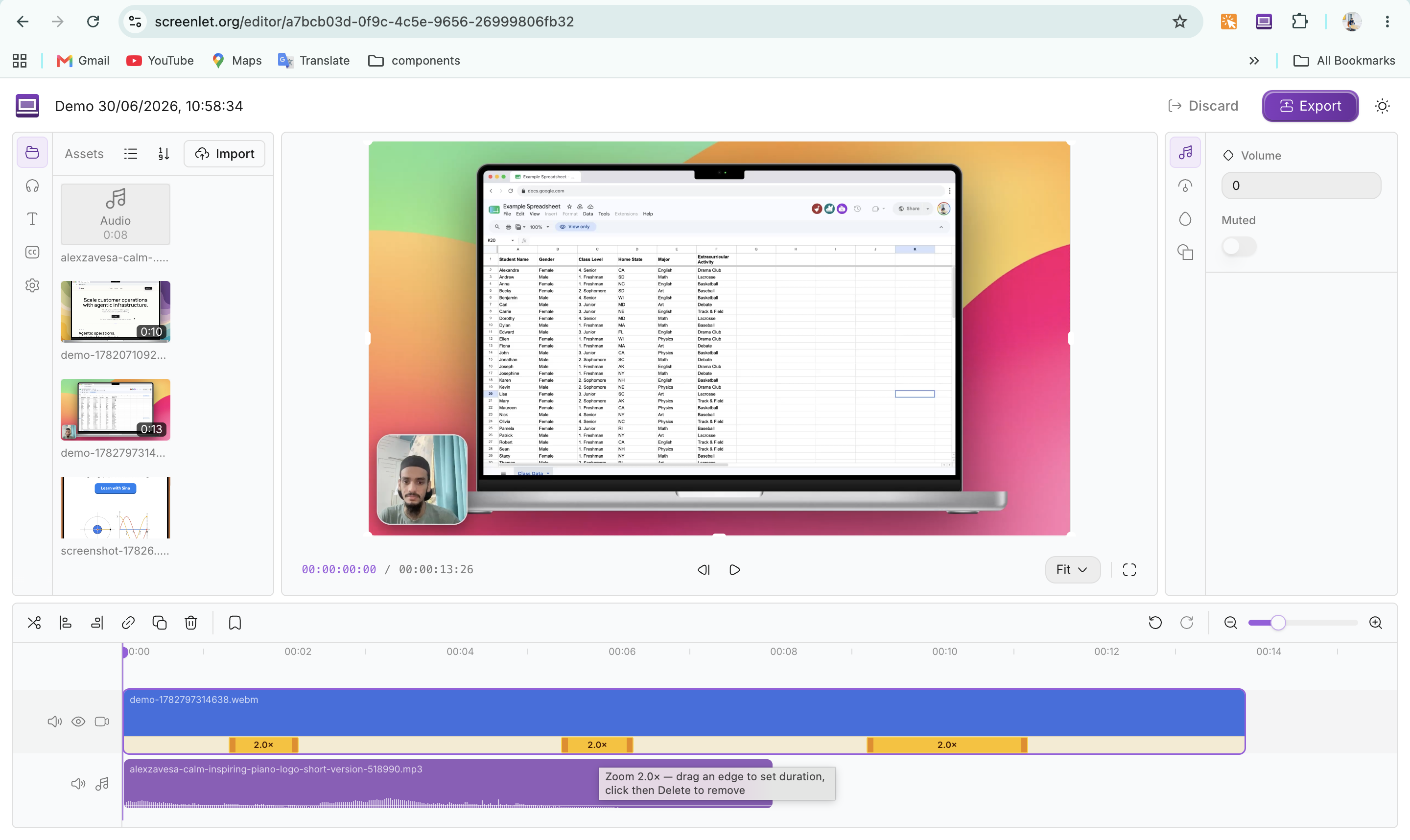 Screenlet Chrome extension recording a website inside a MacBook Pro mockup with a webcam bubble and cinematic zoom